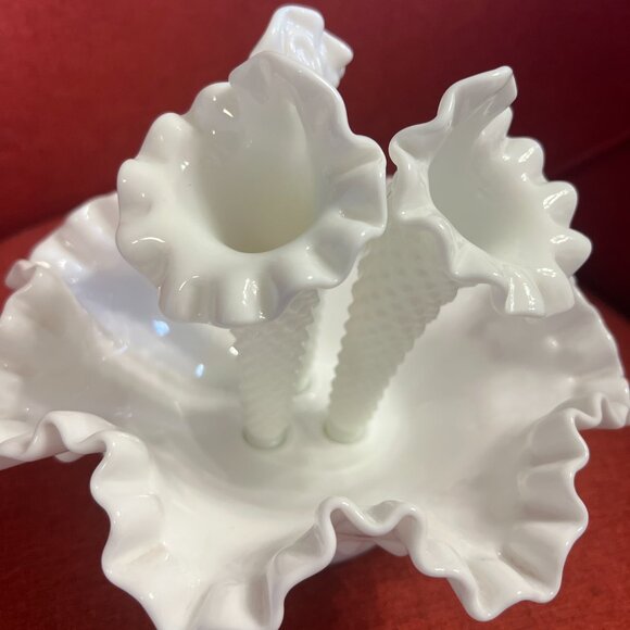 Vintage Fenton Hobnail Milk Glass Epergne: 1950s Ruffled Trumpet Vase - Picture 4 of 11